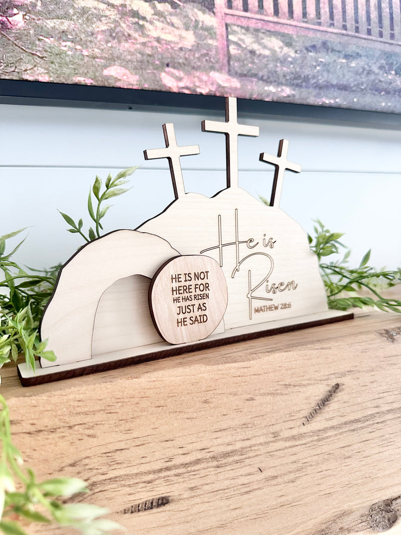 He Is Risen Wood Stand-CarpenterFarmhouse